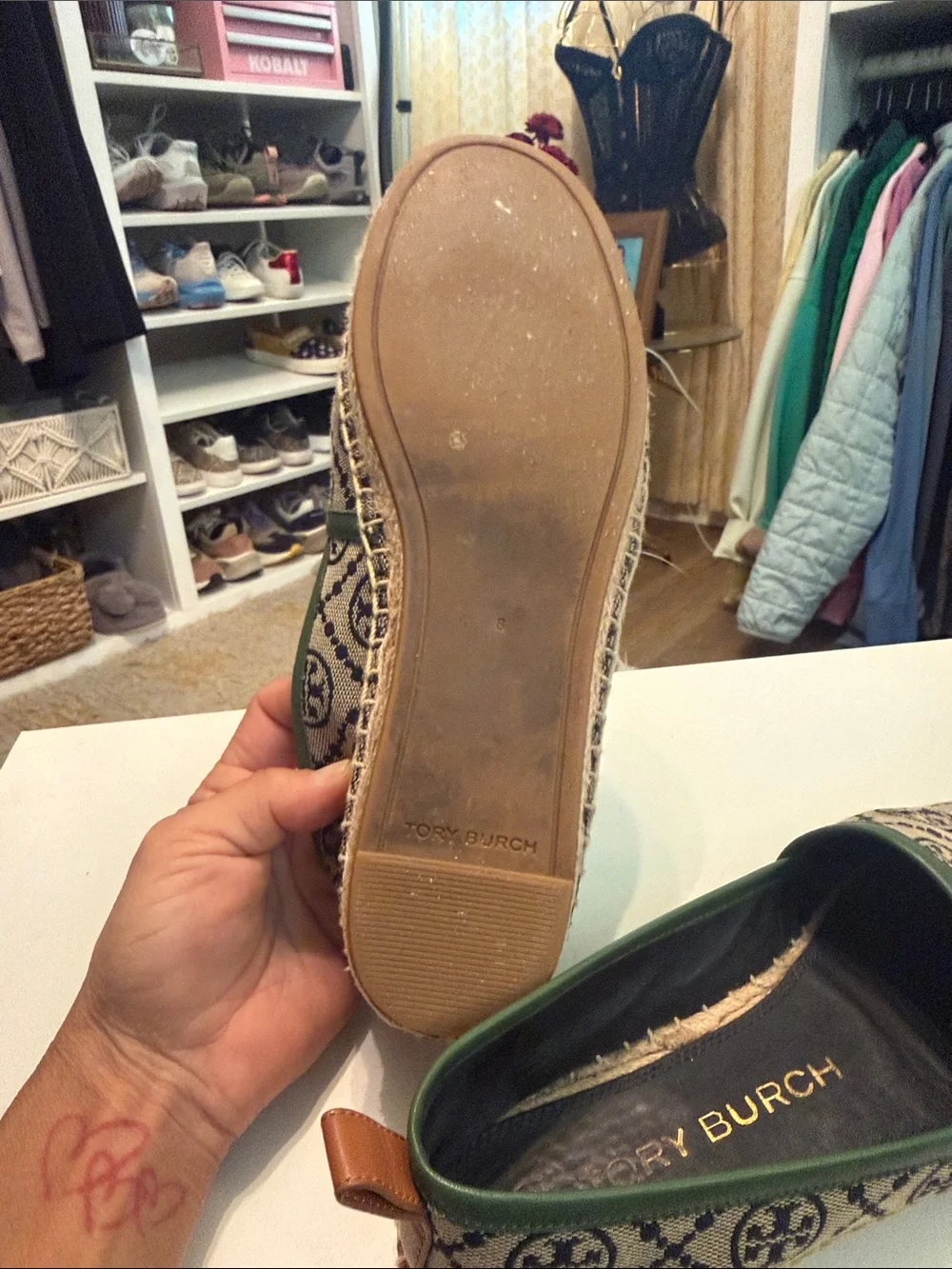 Tory Burch Navy Monogram Espadrille Flats with Green Trim